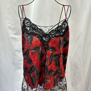 Vintage FArr West red and black lace trim cami size M